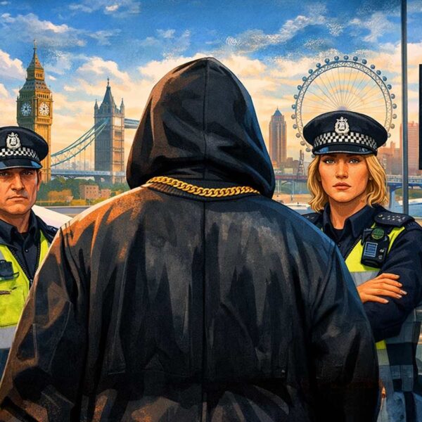 Illustration of Ye from behind at Heathrow Airport after Kanye West banned UK decision, with British border officers blocking entry and London skyline in background.
