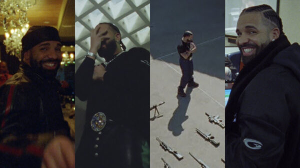 An image sliced in four, featuring scenes from new Drake music videos.
