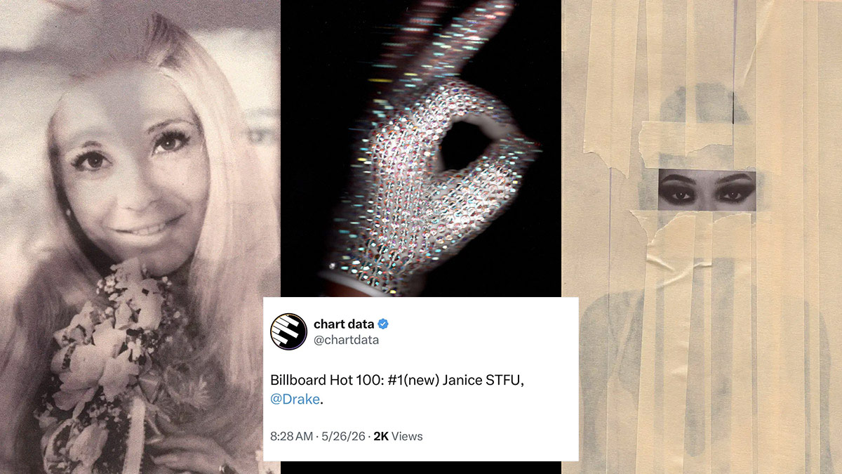 Three Drake album covers, overlayed with a tweet announcing he had the number one song on Billboard, breaking records.