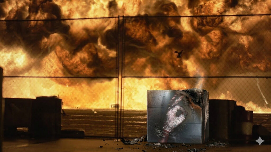 Drake HIM status concept image featuring album artwork printed on a scorched box with flames in the background.