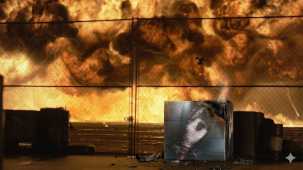 Drake HIM status concept image featuring album artwork printed on a scorched box with flames in the background.
