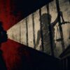 Illustration representing rap lyrics as evidence, showing a silhouetted figure facing a justice system symbolized by scales, bars and a courthouse.