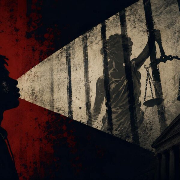 Illustration representing rap lyrics as evidence, showing a silhouetted figure facing a justice system symbolized by scales, bars and a courthouse.