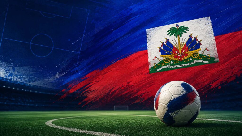 Modern Haiti World Cup graphic with flag colors, stadium atmosphere, and soccer imagery.