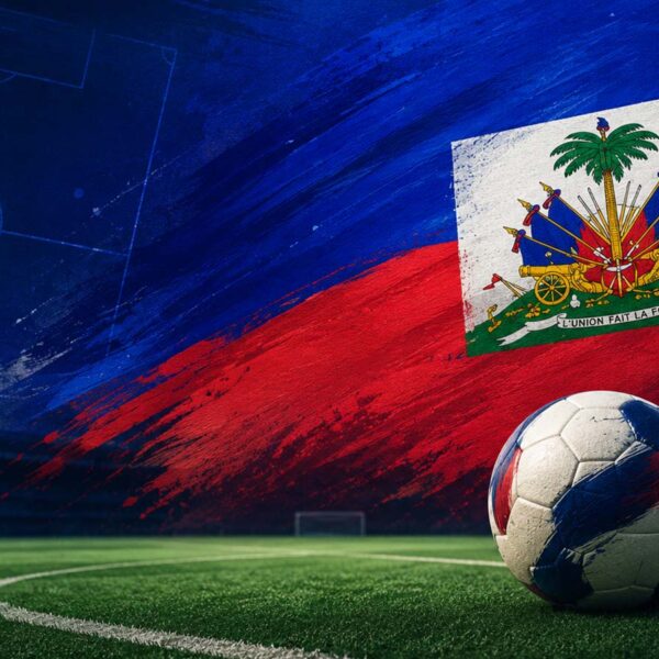 Modern Haiti World Cup graphic with flag colors, stadium atmosphere, and soccer imagery.