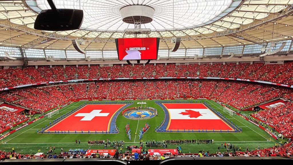 An aerial view of the soccer stadium before the World Cup game between Canada and Switzerland.