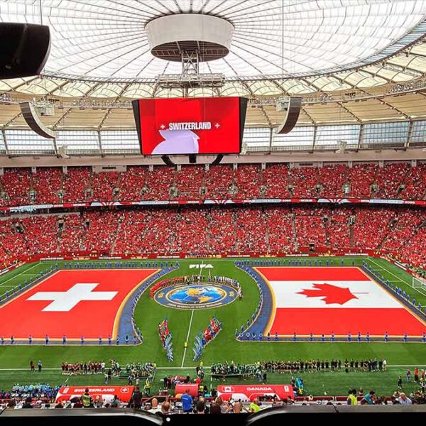 An aerial view of the soccer stadium before the World Cup game between Canada and Switzerland.