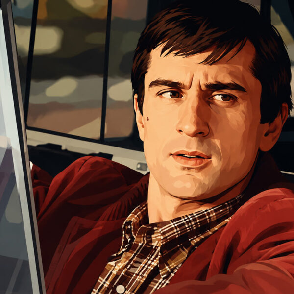 A digital illustration of Robert De Niro sitting in cab in the film Taxi Driver.