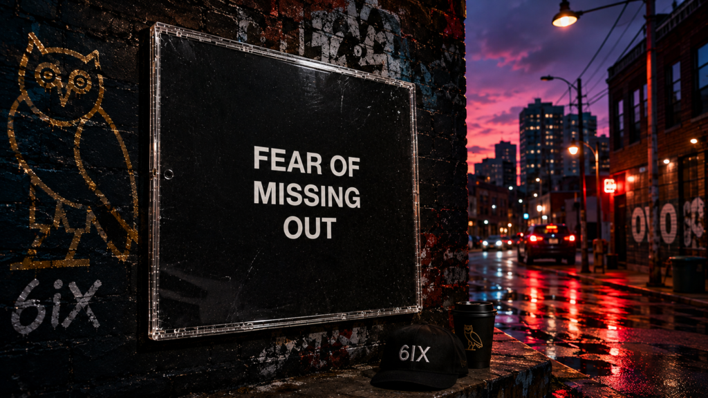 Drake and FOMO / Fear of Missing Out artwork in a Toronto alley.