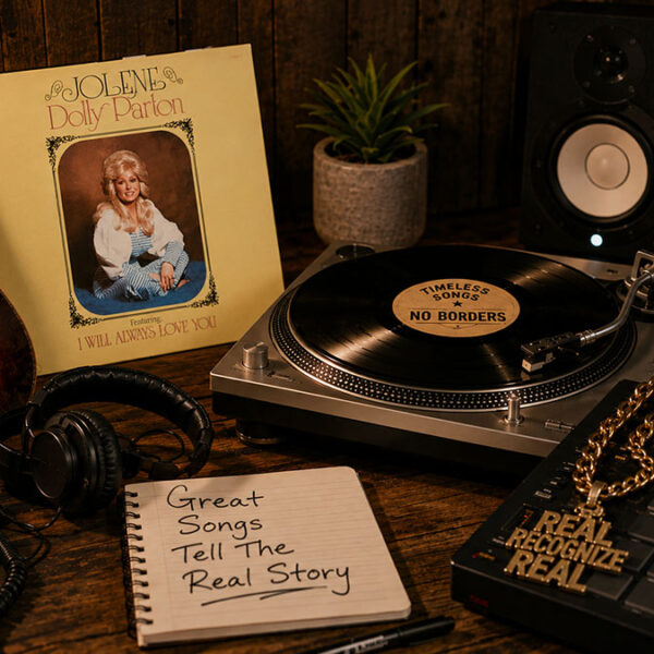 Dolly Parton album beside turntable and music gear highlighting unexpected hip-hop connections.