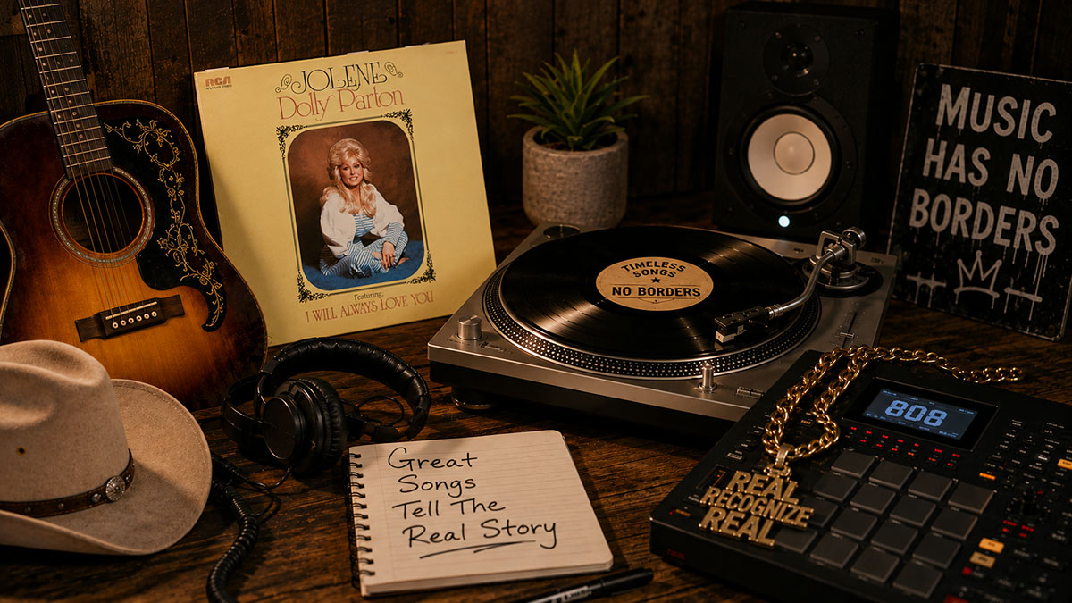 Dolly Parton album beside turntable and music gear highlighting unexpected hip-hop connections.