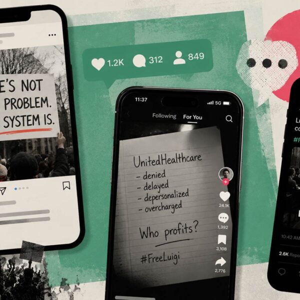 Social media posts and protest imagery exploring the Luigi Mangione Gen Z phenomenon.