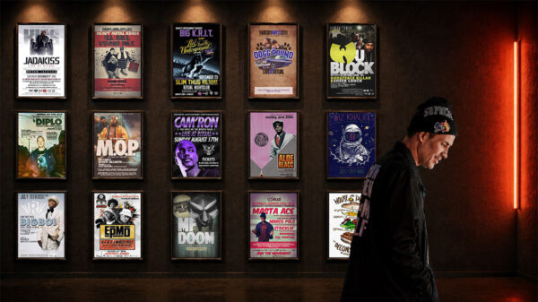 Mike Mikkelsen, known as Kapacity Mikey, in front of framed concert posters from his Ottawa hip-hop career.