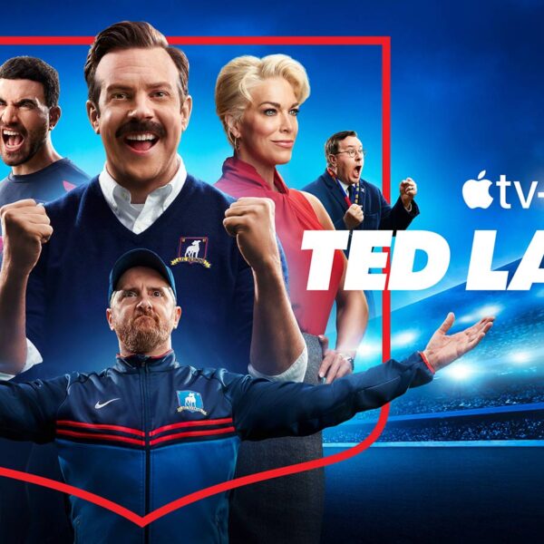 Characters from the show Ted Lasso featured on a promotional image for the Apple TV series.