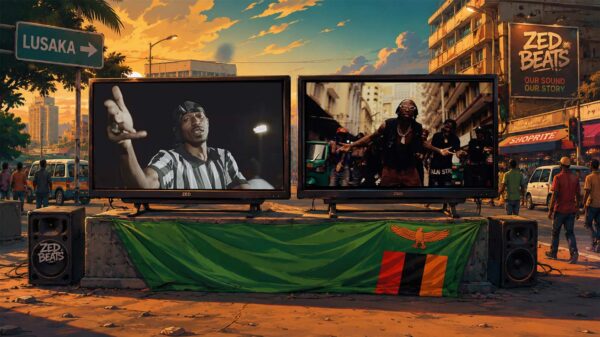 Zed Beats music videos on screens in a Zambia street scene.