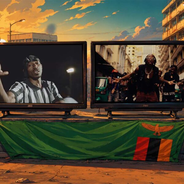 Zed Beats music videos on screens in a Zambia street scene.
