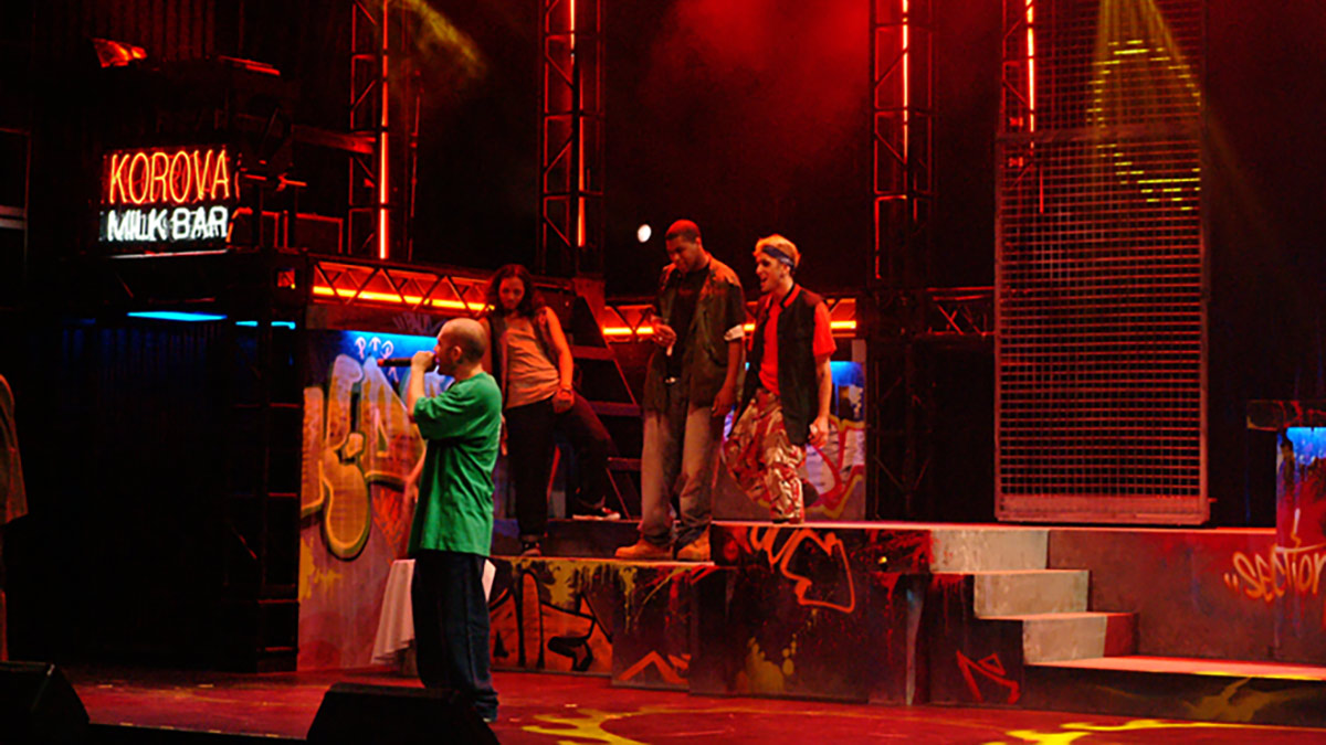 Bishop Brigante as Alex performing with cast members in Hart House Theatre's 2004 production of A Clockwork Orange.