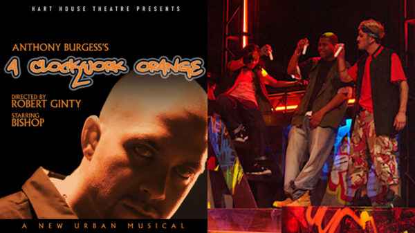 Bishop Brigante featured in promotional artwork and a scene from Hart House Theatre's 2004 production of A Clockwork Orange.