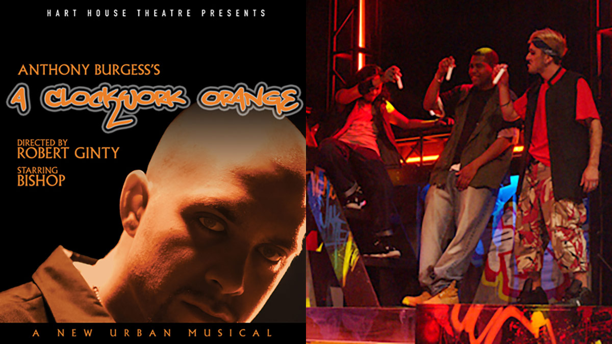 Bishop Brigante featured in promotional artwork and a scene from Hart House Theatre's 2004 production of A Clockwork Orange.