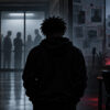 Digital illustration of D4vd between a courtroom and recording studio as others face questions in his murder case.