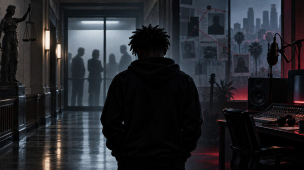 Digital illustration of D4vd between a courtroom and recording studio as others face questions in his murder case.