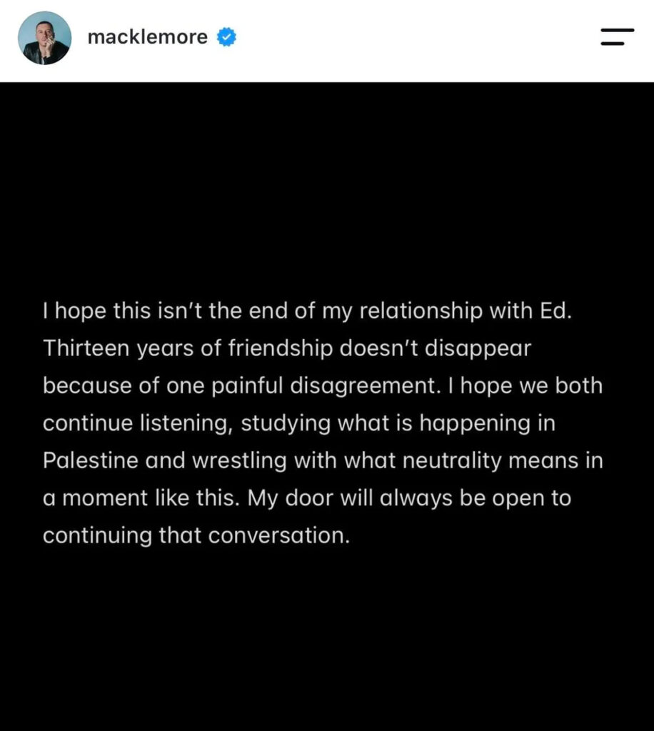 Slide 9 of Macklemore addressing being dropped from the Ed Sheeran tour.