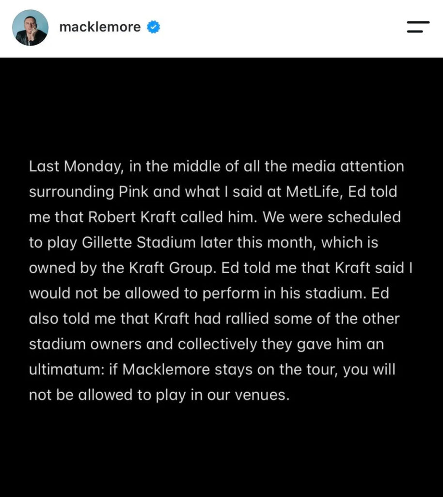 Slide 4 of Macklemore addressing being dropped from the Ed Sheeran tour.