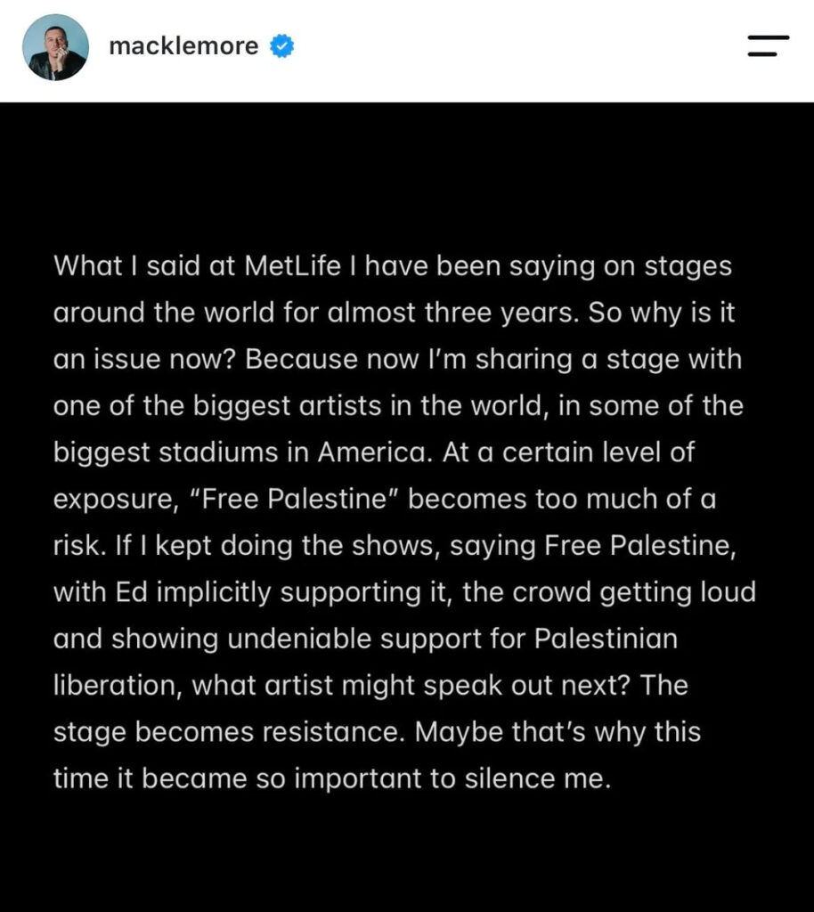 Slide 7 of Macklemore addressing being dropped from the Ed Sheeran tour.