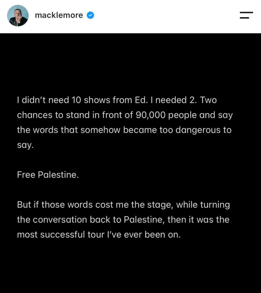 Slide 12 of Macklemore addressing being dropped from the Ed Sheeran tour.