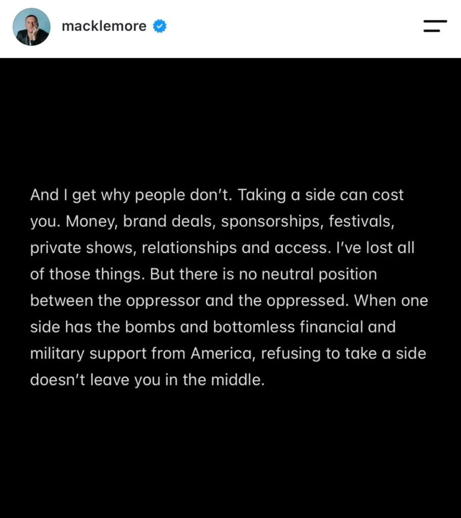 Slide 6 of Macklemore addressing being dropped from the Ed Sheeran tour.