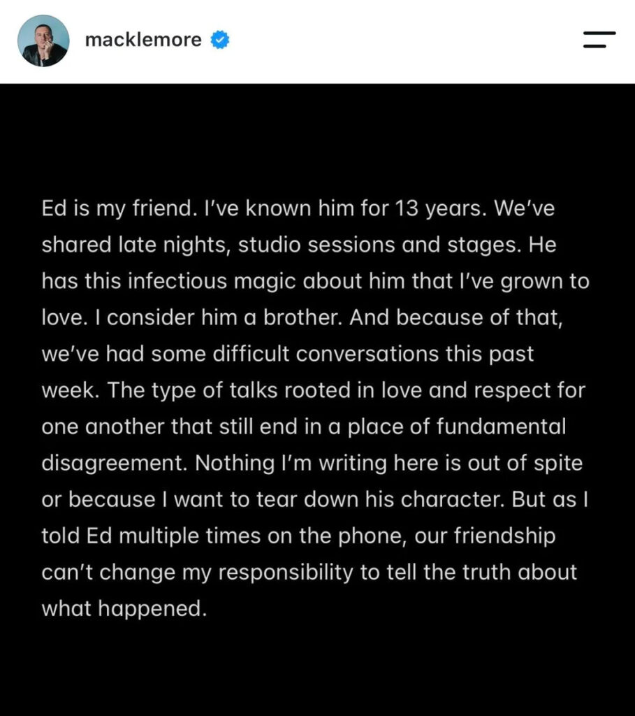 Slide 3 of Macklemore addressing being dropped from the Ed Sheeran tour.