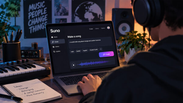 An over the shoulder view of a person making AI music using Suno.