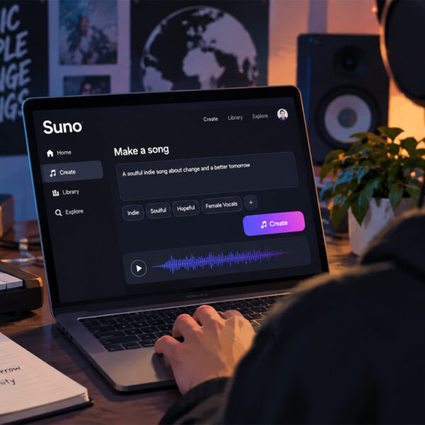 An over the shoulder view of a person making AI music using Suno.