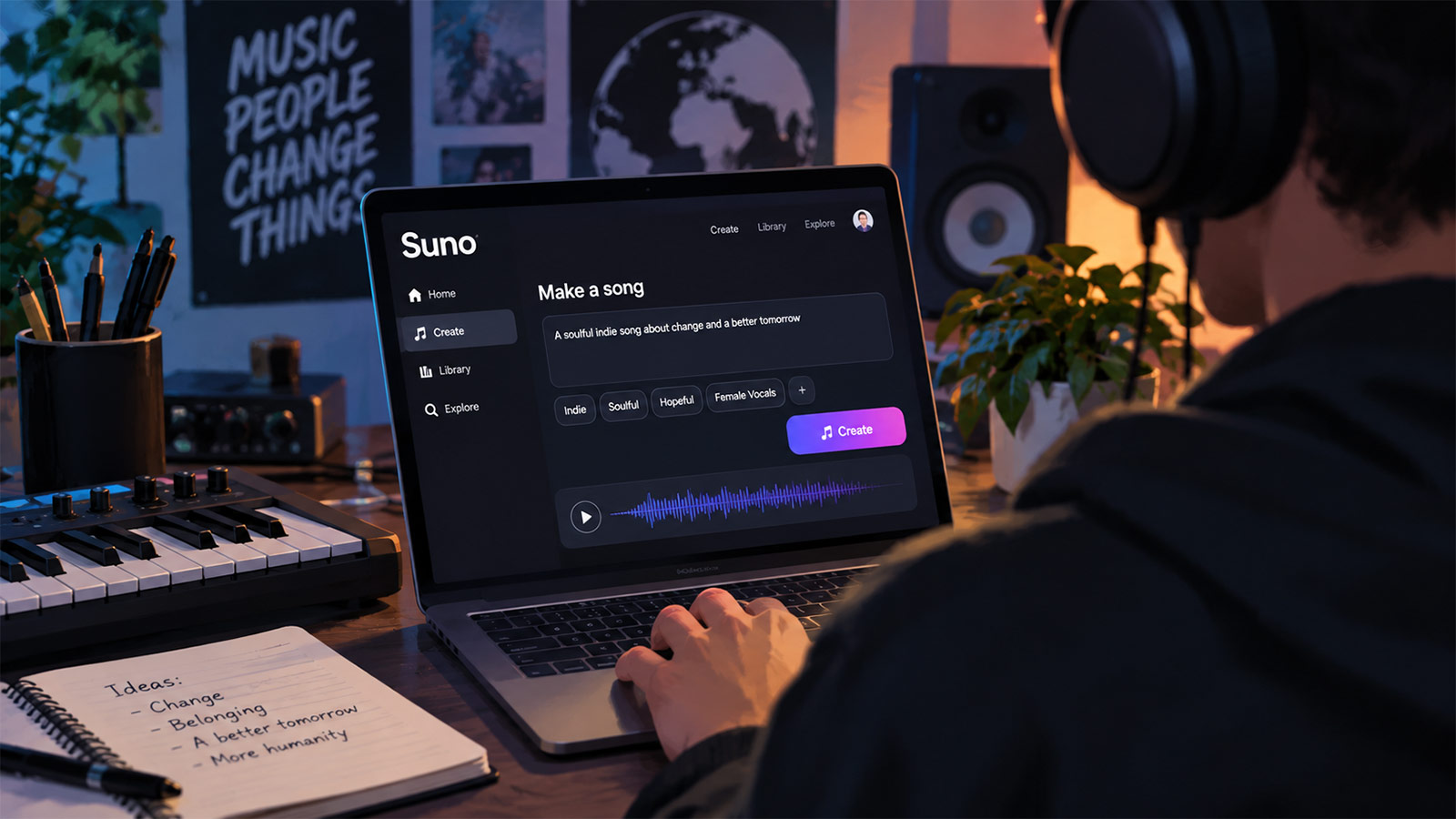 An over the shoulder view of a person making AI music using Suno.
