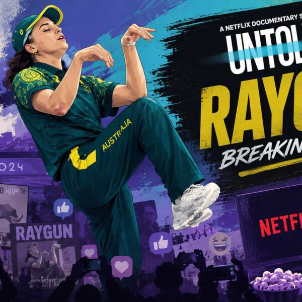 Digital illustration promoting the Raygun Netflix documentary, revisiting her viral breaking performance at the Paris Olympics.