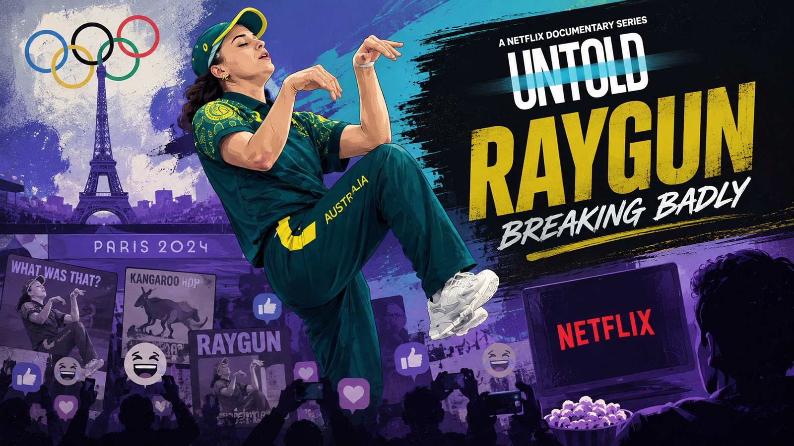 Digital illustration promoting the Raygun Netflix documentary, revisiting her viral breaking performance at the Paris Olympics.