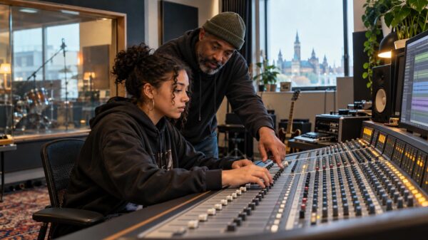 Aspiring audio engineer works at a mixing board with guidance from a mentor, illustrating hands-on learning in a music program.
