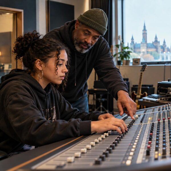 Aspiring audio engineer works at a mixing board with guidance from a mentor, illustrating hands-on learning in a music program.
