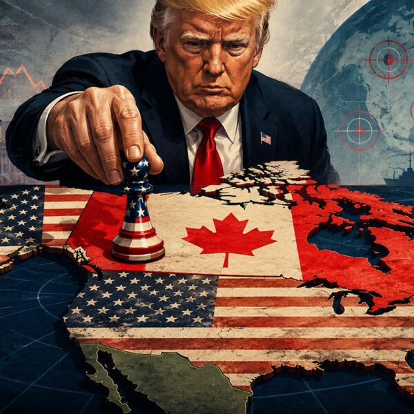 Digital illustration of Trump trade hostility toward Canada, with Donald Trump moving an American chess piece over a map of North America.