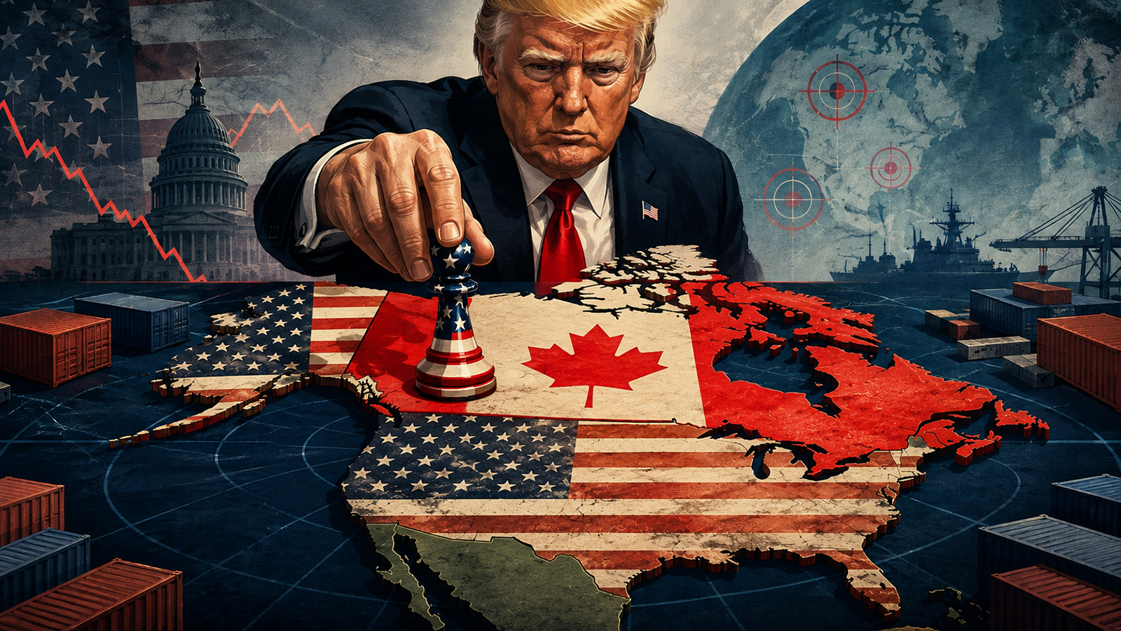 Digital illustration of Trump trade hostility toward Canada, with Donald Trump moving an American chess piece over a map of North America.