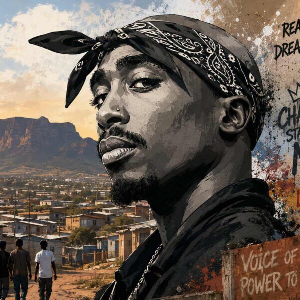 Digital illustration of Tupac overlooking Cape Town with street art reflecting his lasting legacy.