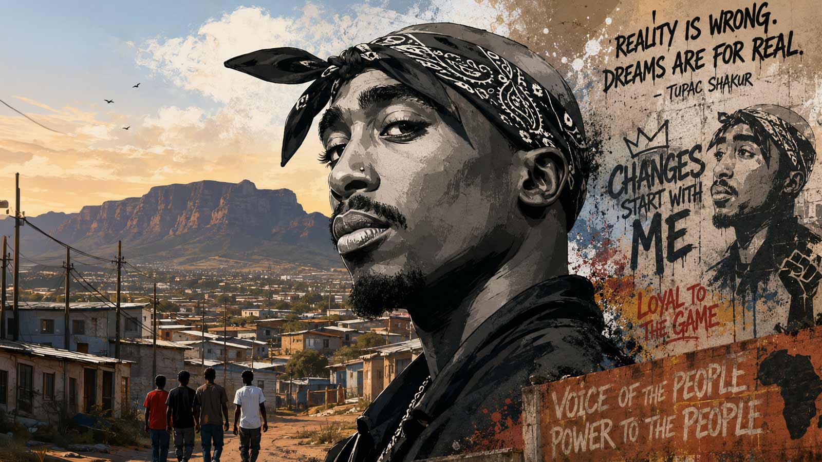 Digital illustration of Tupac overlooking Cape Town with street art reflecting his lasting legacy.
