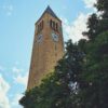 Low angle view of McGraw Tower at Cornell University in Ithaca.