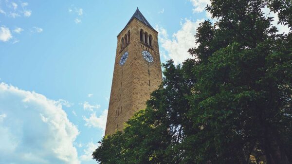 Low angle view of McGraw Tower at Cornell University in Ithaca.