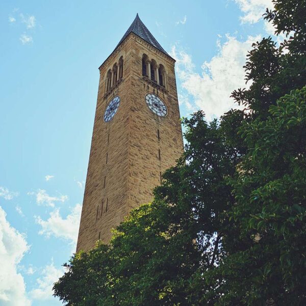 Low angle view of McGraw Tower at Cornell University in Ithaca.