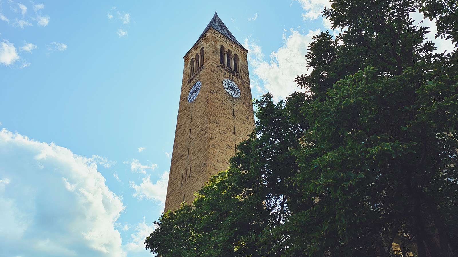Low angle view of McGraw Tower at Cornell University in Ithaca.