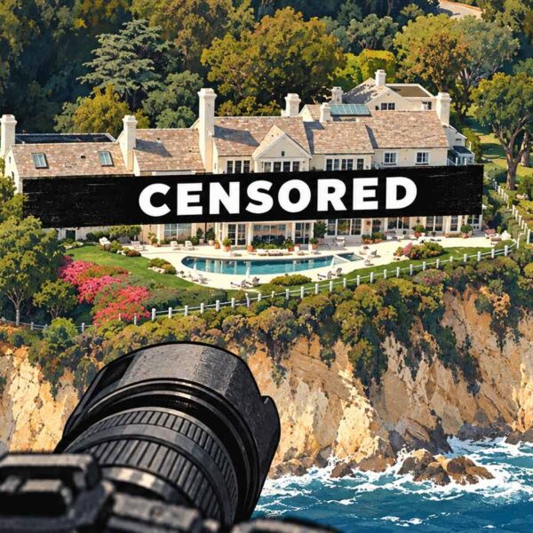 Illustration of Streisand’s estate with cameras and a censorship bar, representing the Streisand effect.