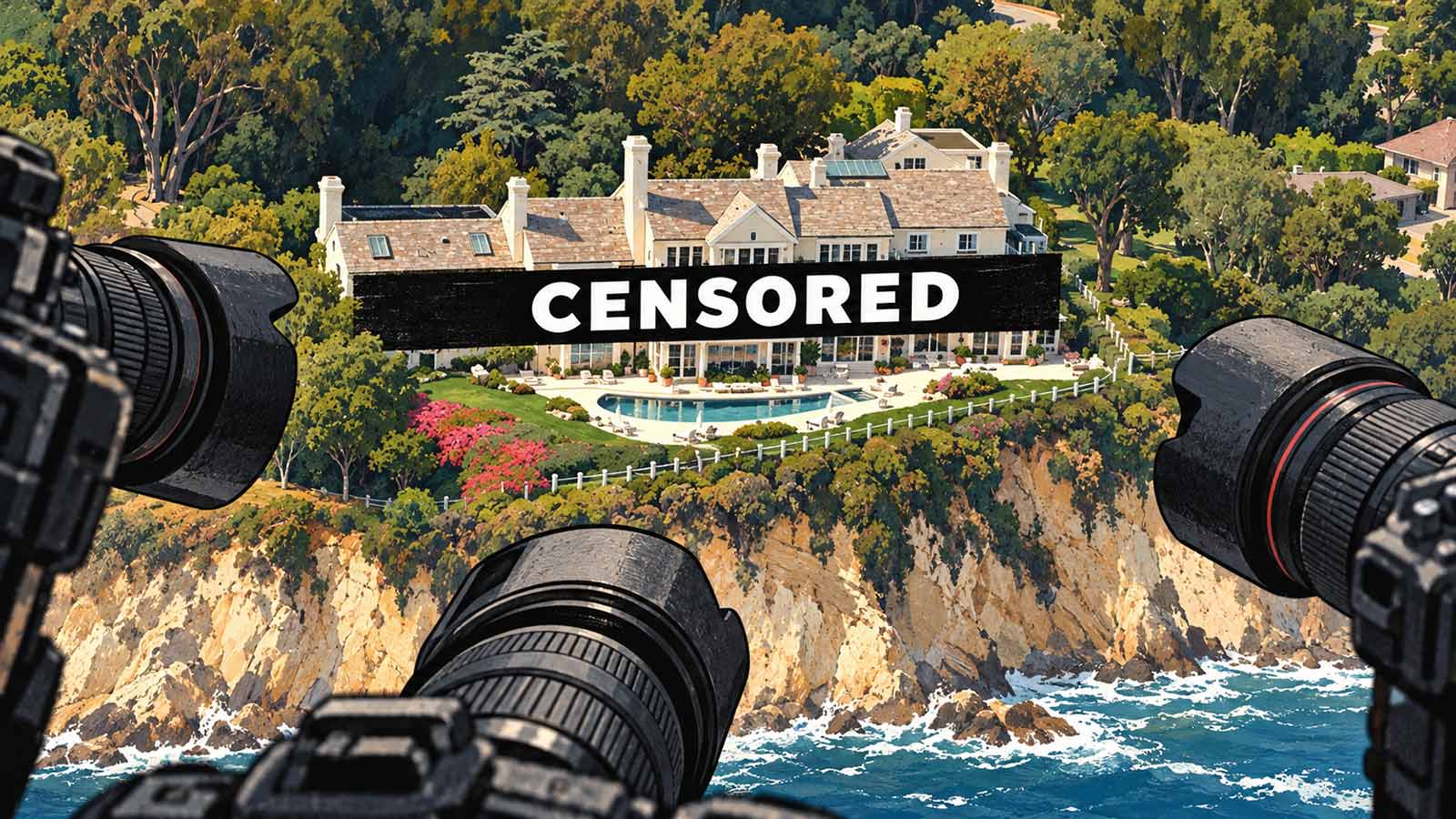 Illustration of Streisand’s estate with cameras and a censorship bar, representing the Streisand effect.